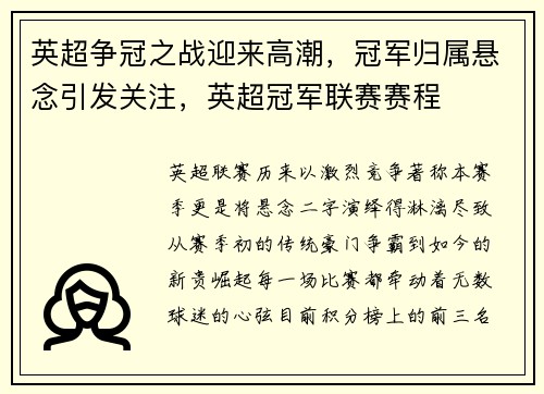 英超争冠之战迎来高潮，冠军归属悬念引发关注，英超冠军联赛赛程