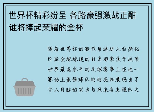 世界杯精彩纷呈 各路豪强激战正酣 谁将捧起荣耀的金杯