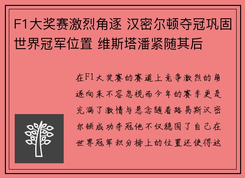 F1大奖赛激烈角逐 汉密尔顿夺冠巩固世界冠军位置 维斯塔潘紧随其后